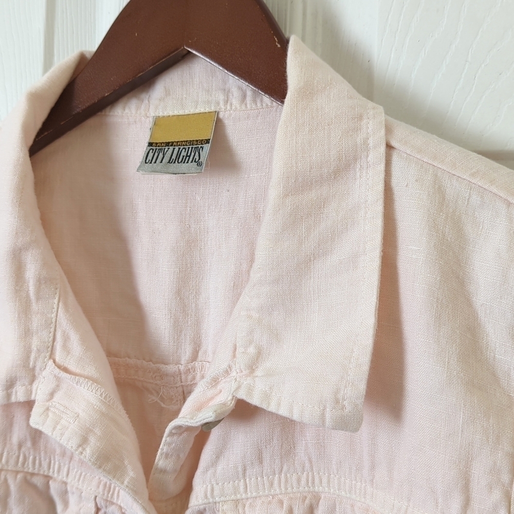 City Lights 90's Vintage 100% Linen Long Sleeve Button Down Shirt Baby Pink M - Picture 3 of 15